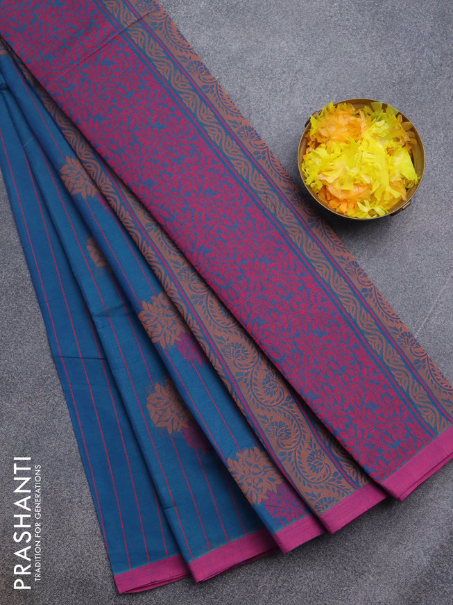 Nithyam cotton saree dual shade of bluish green and pink with allover thread stripe & buttas and simple border