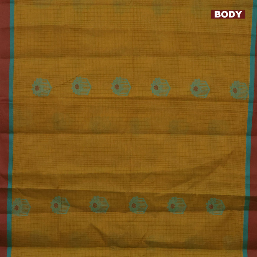 Nithyam cotton saree mustard shade and maroon with allover checked pattern & thread buttas and simple border