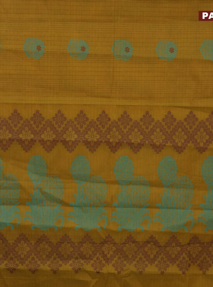 Nithyam cotton saree mustard shade and maroon with allover checked pattern & thread buttas and simple border