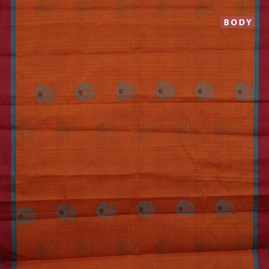 Nithyam cotton saree rustic orange and maroon with allover checked pattern & thread buttas and simple border