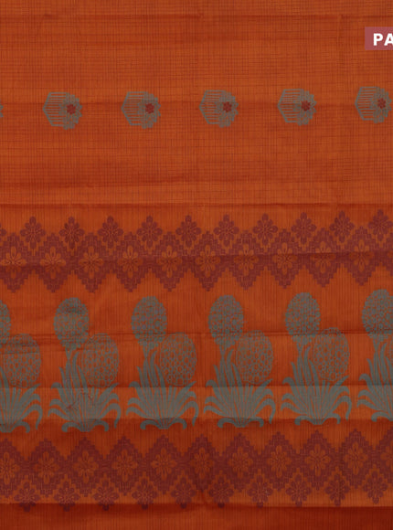 Nithyam cotton saree rustic orange and maroon with allover checked pattern & thread buttas and simple border