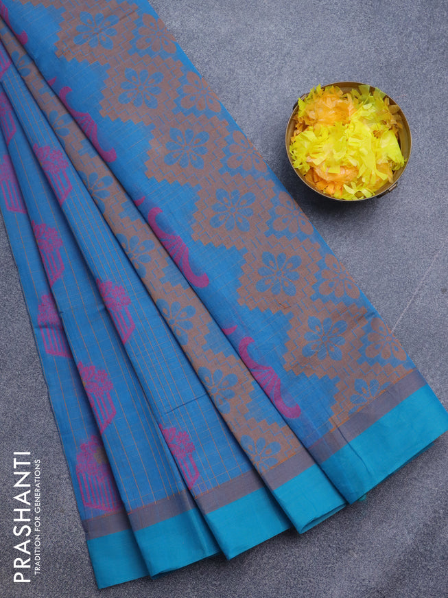 Nithyam cotton saree cs blue with allover checked pattern & thread buttas and simple border