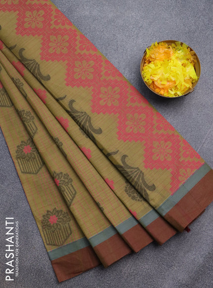 Nithyam cotton saree mehendi green and maroon with allover checked pattern & thread buttas and simple border