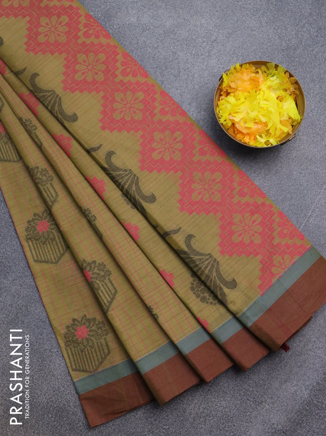 Nithyam cotton saree mehendi green and maroon with allover checked pattern & thread buttas and simple border