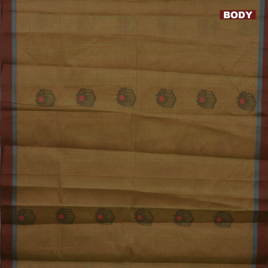 Nithyam cotton saree mehendi green and maroon with allover checked pattern & thread buttas and simple border