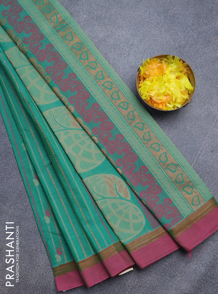 Nithyam cotton saree teal green and pink with allover thread weaves & buttas and zari woven simple border