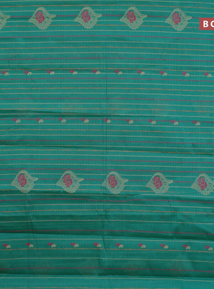 Nithyam cotton saree teal green and pink with allover thread weaves & buttas and zari woven simple border