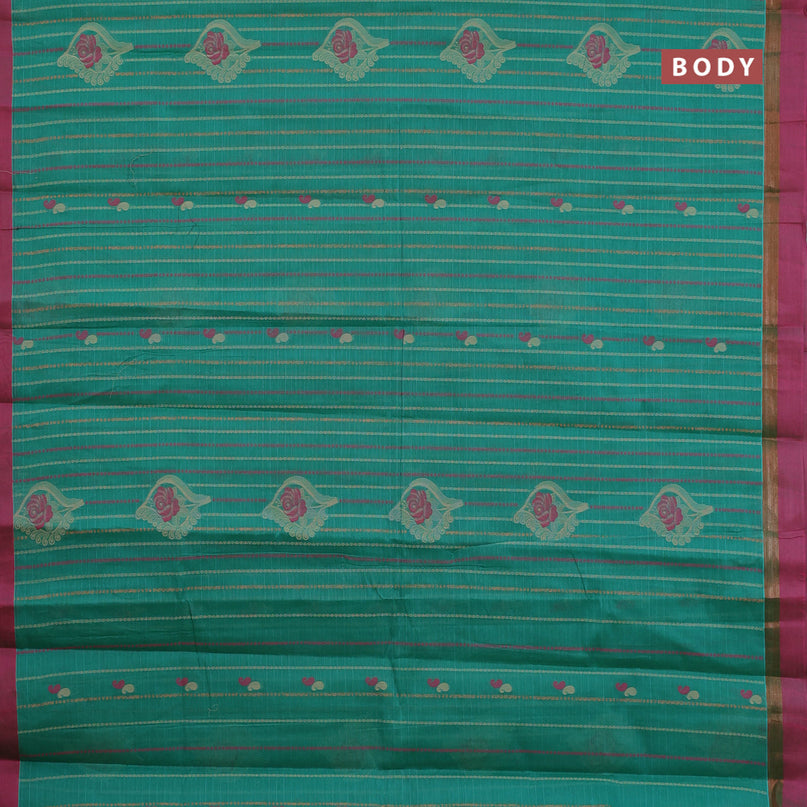 Nithyam cotton saree teal green and pink with allover thread weaves & buttas and zari woven simple border