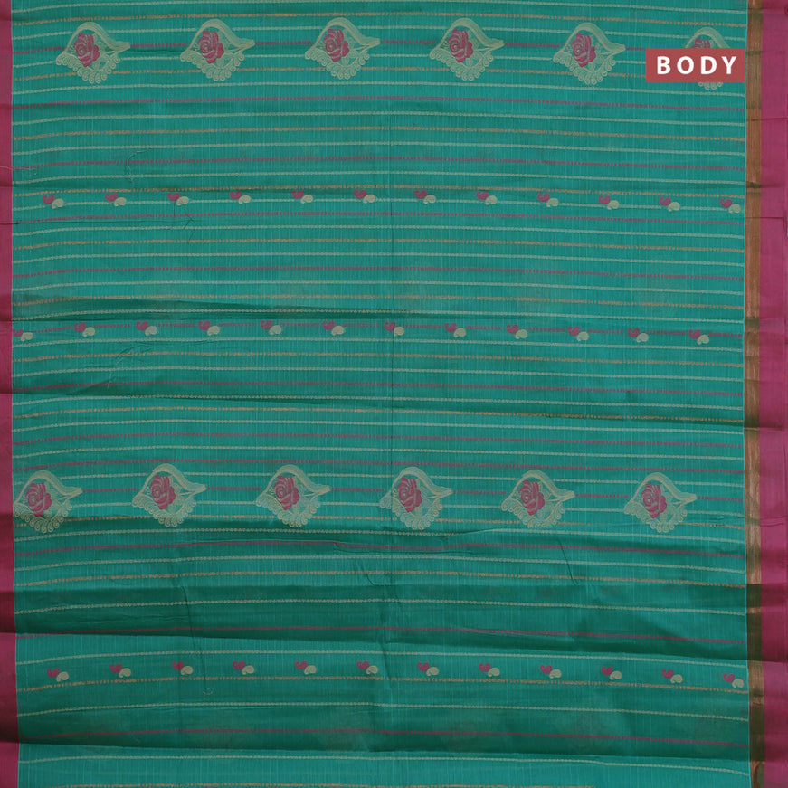 Nithyam cotton saree teal green and pink with allover thread weaves & buttas and zari woven simple border