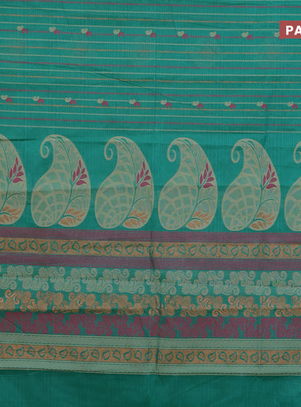 Nithyam cotton saree teal green and pink with allover thread weaves & buttas and zari woven simple border