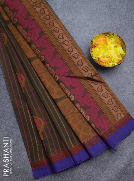 Nithyam cotton saree dark sap green and blue with allover thread weaves & buttas and zari woven simple border