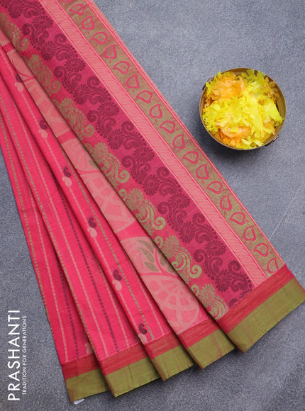 Nithyam cotton saree pink and green with allover thread weaves & buttas and zari woven simple border