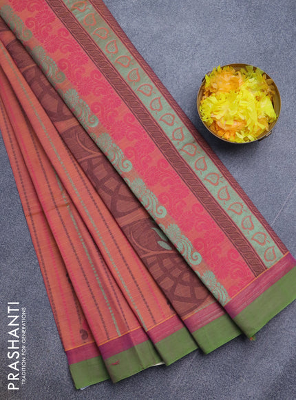 Nithyam cotton saree dual shade of pinkish orange and green with allover thread weaves & buttas and zari woven simple border