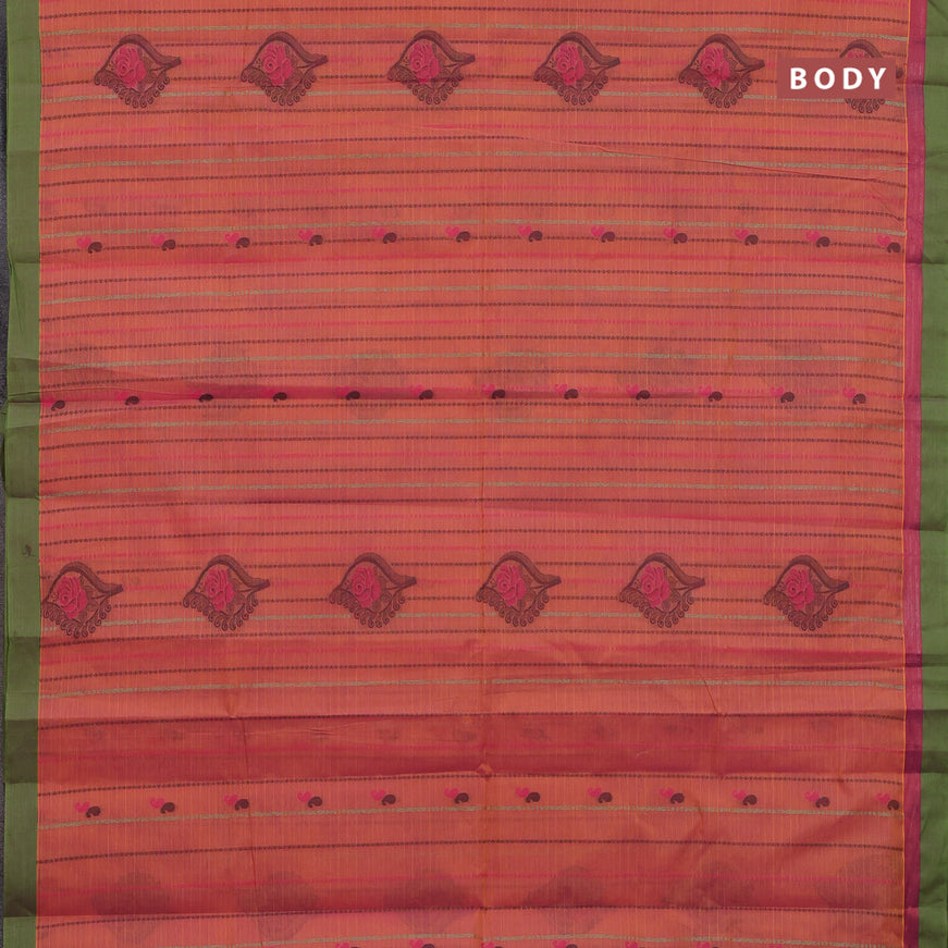 Nithyam cotton saree dual shade of pinkish orange and green with allover thread weaves & buttas and zari woven simple border