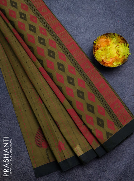 Nithyam cotton saree mehendi green and dual shade of blue with allover thread weaves & buttas and simple border