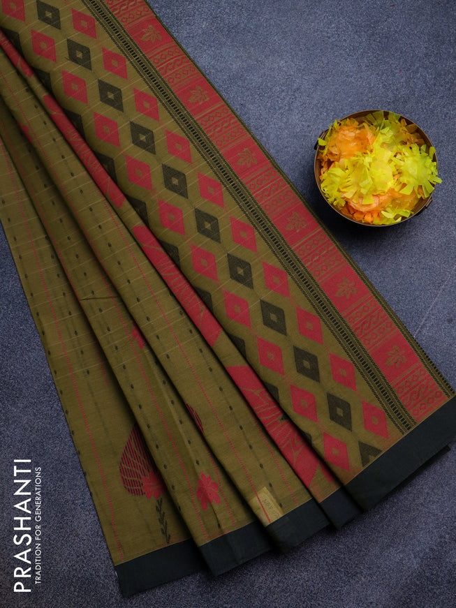 Nithyam cotton saree mehendi green and dual shade of blue with allover thread weaves & buttas and simple border