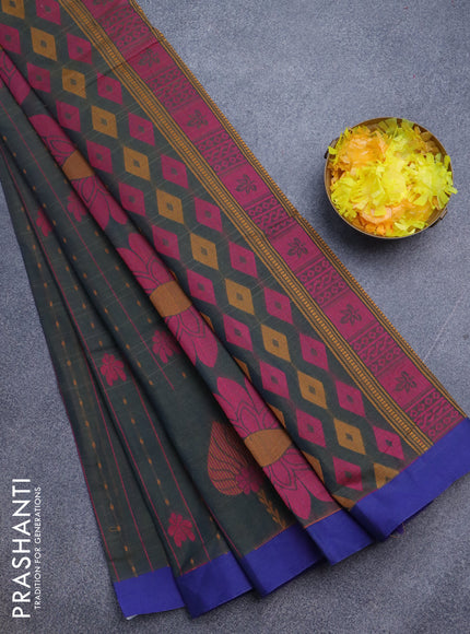 Nithyam cotton saree dual shade of sap green and blue with allover thread weaves & buttas and simple border