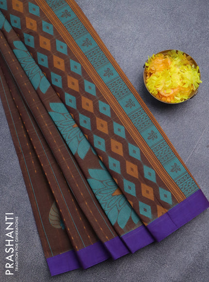 Nithyam cotton saree brown shade and violet with allover thread weaves & buttas and simple border