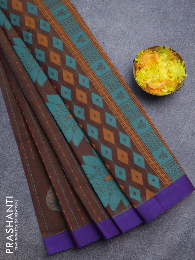 Nithyam cotton saree brown shade and violet with allover thread weaves & buttas and simple border