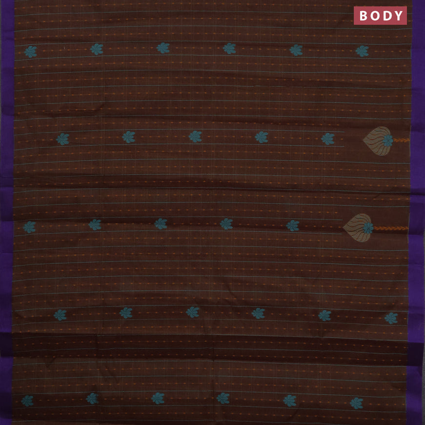 Nithyam cotton saree brown shade and violet with allover thread weaves & buttas and simple border