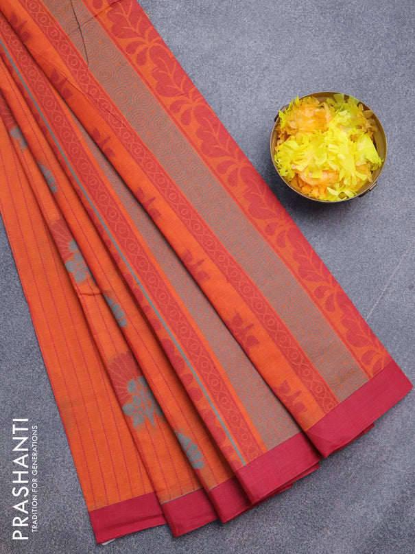 Nithyam cotton saree orange and maroon with allover thread weaves & buttas and simple border