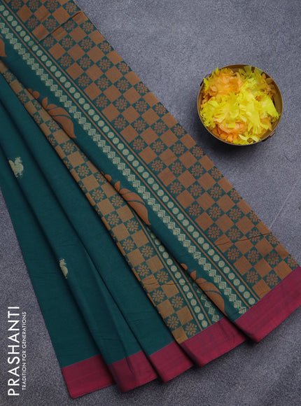 Nithyam cotton saree peacock green and maroon with allover thread woven buttas and simple border