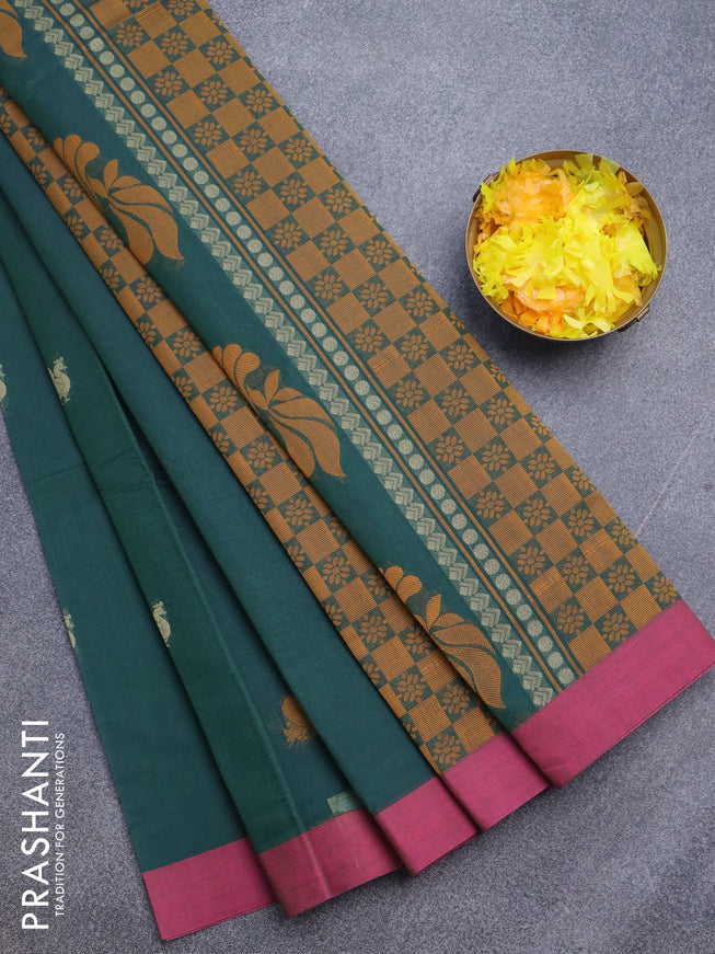 Nithyam cotton saree dark green and pink with allover thread woven buttas and simple border