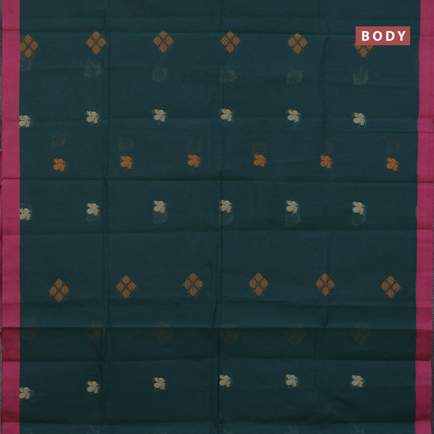 Nithyam cotton saree dark green and pink with allover thread woven buttas and simple border