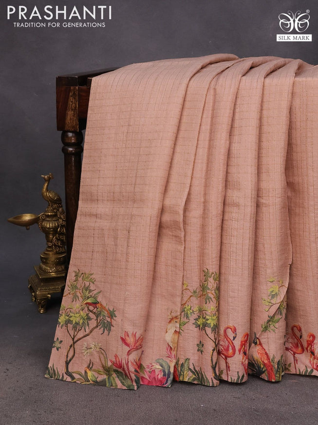 Pure tussar silk saree pastel brown with allover zari checked pattern and digital printed border