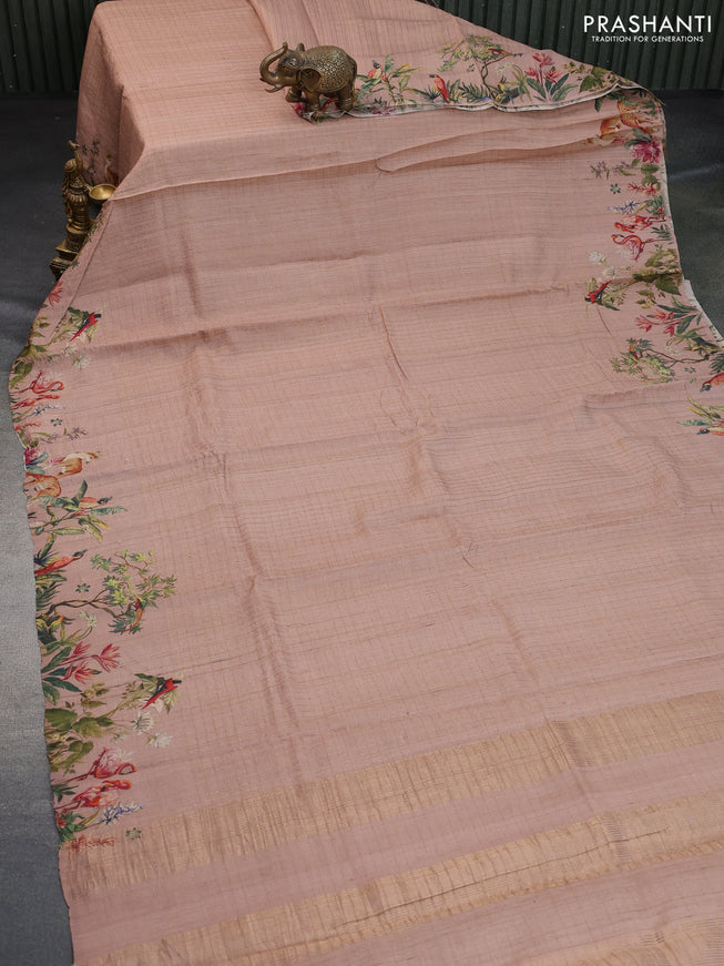 Pure tussar silk saree pastel brown with allover zari checked pattern and digital printed border