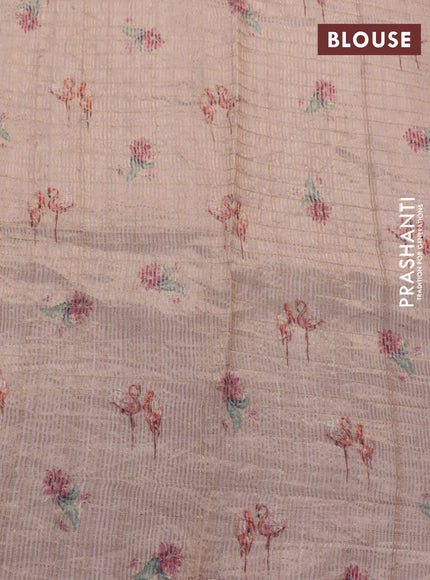 Pure tussar silk saree pastel brown with allover zari checked pattern and digital printed border