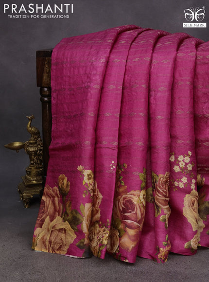 Pure tussar silk saree pink with allover zari weaves & floral digital butta prints and floral digital printed border