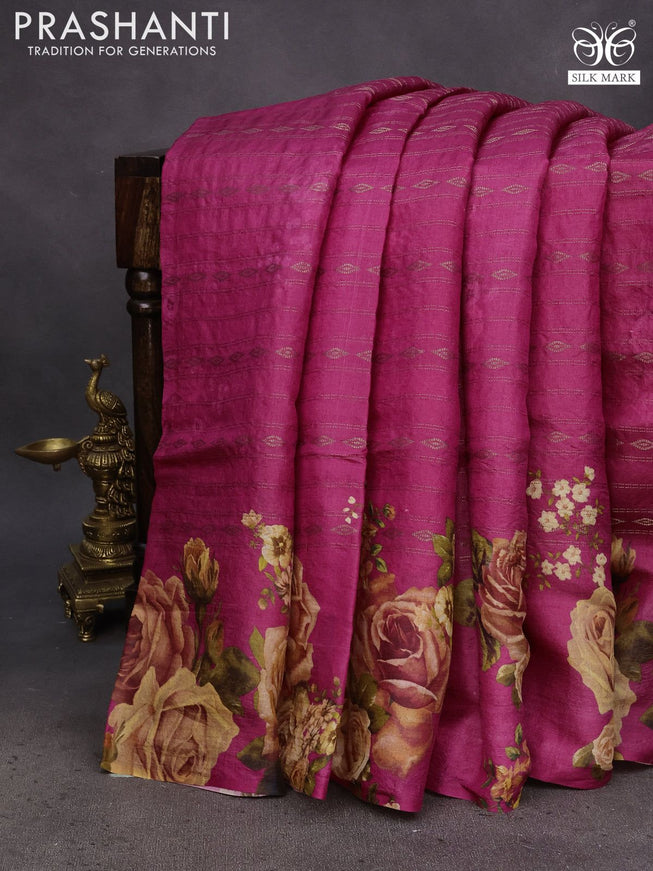 Pure tussar silk saree pink with allover zari weaves & floral digital butta prints and floral digital printed border