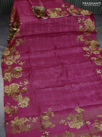 Pure tussar silk saree pink with allover zari weaves & floral digital butta prints and floral digital printed border