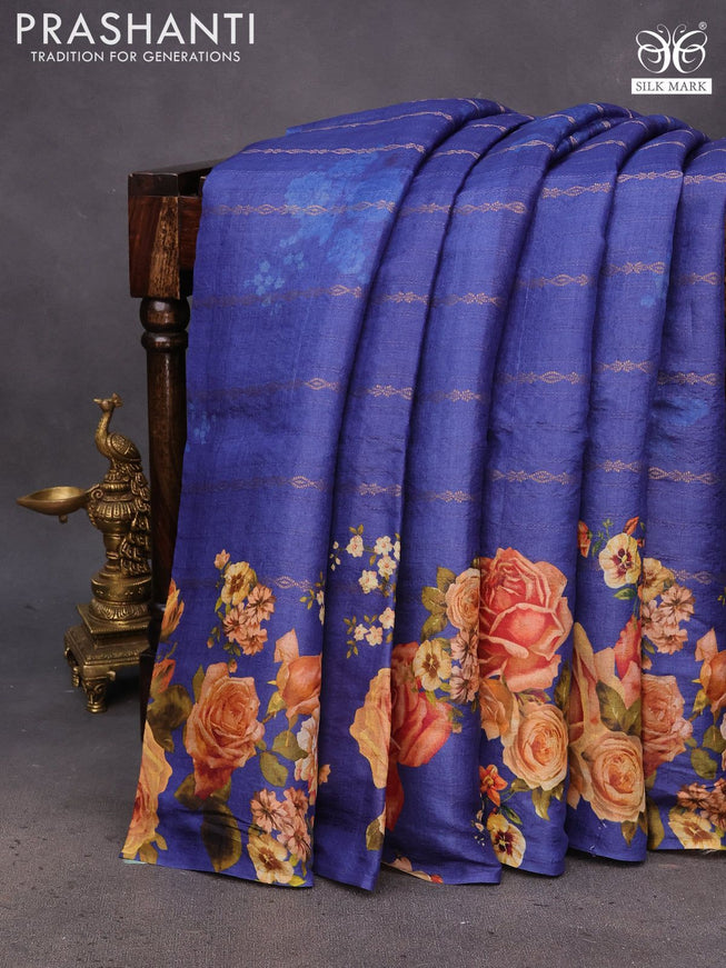 Pure tussar silk saree blue with allover zari weaves & floral digital butta prints and floral digital printed border