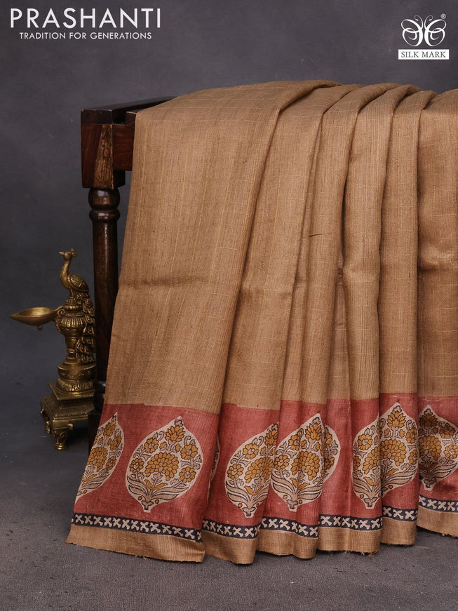 Pure tussar silk saree pastel brown and rust shade with allover zari checked pattern and digital printed border