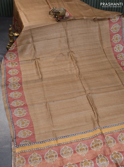 Pure tussar silk saree pastel brown and rust shade with allover zari checked pattern and digital printed border