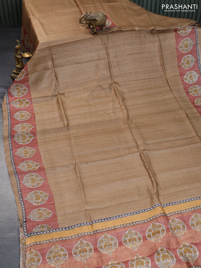 Pure tussar silk saree pastel brown and rust shade with allover zari checked pattern and digital printed border