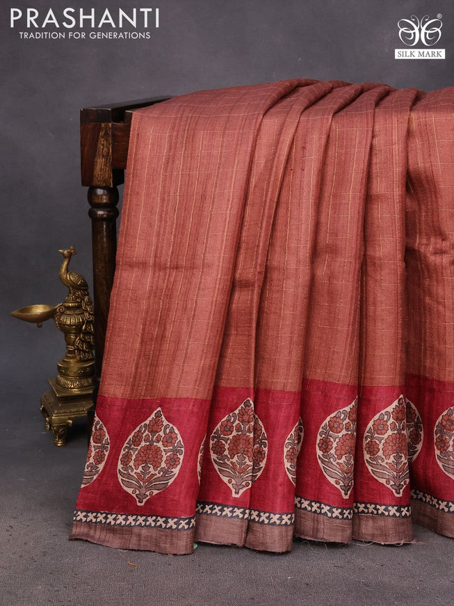 Pure tussar silk saree rust shade and maroon with allover zari checked pattern and digital printed border