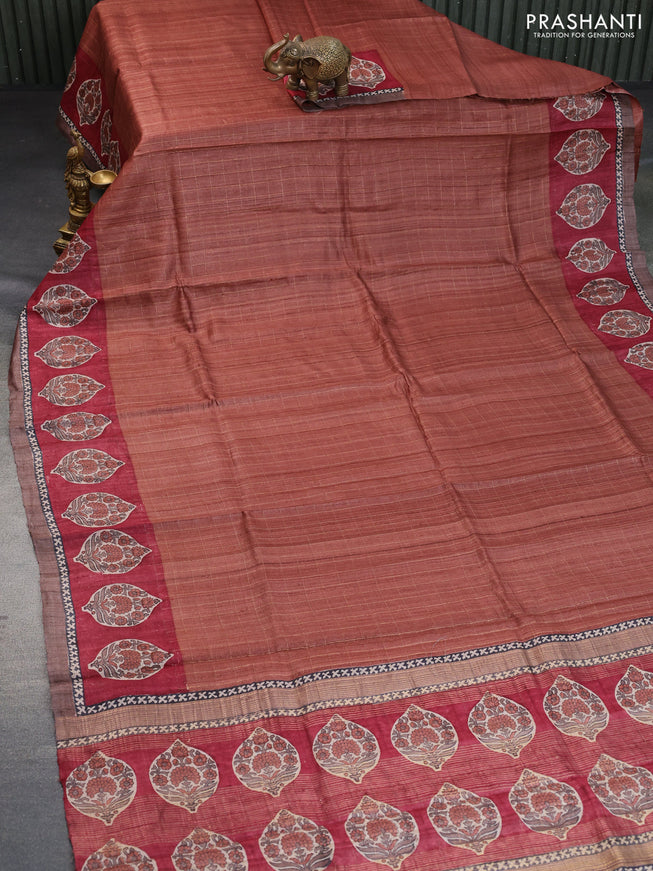 Pure tussar silk saree rust shade and maroon with allover zari checked pattern and digital printed border