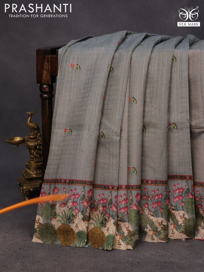 Pure tussar silk saree grey with allover zari checks & floral digital prints and floral digital printed border