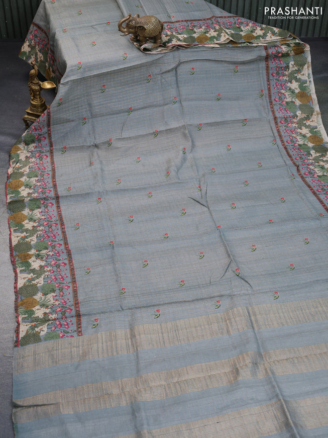 Pure tussar silk saree grey with allover zari checks & floral digital prints and floral digital printed border