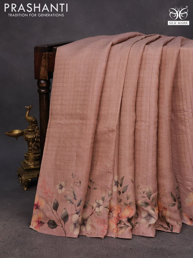 Pure tussar silk saree pastel brown with allover zari checked pattern and floral digital printed border