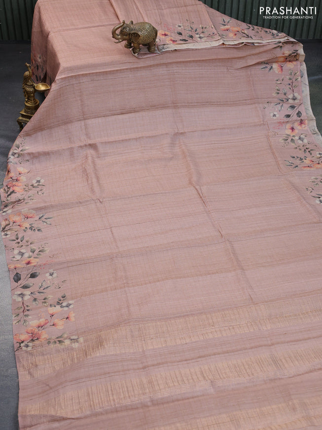 Pure tussar silk saree pastel brown with allover zari checked pattern and floral digital printed border