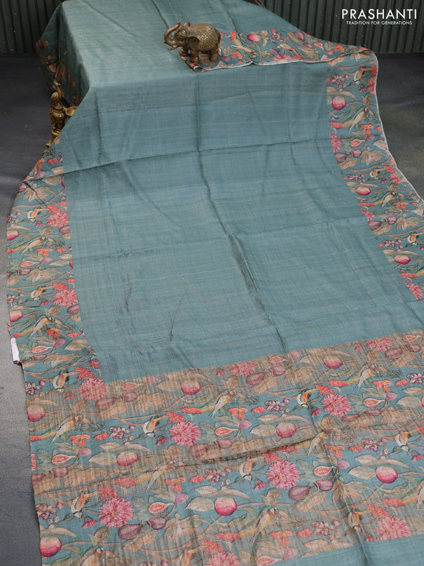 Pure tussar silk saree pastel green with allover zari checked pattern and floral digital printed border