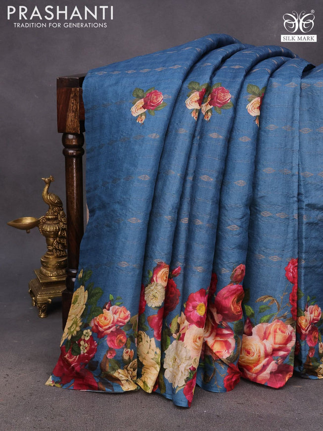 Pure tussar silk saree peacock blue with allover zari weaves & floral digital prints and floral digital printed border