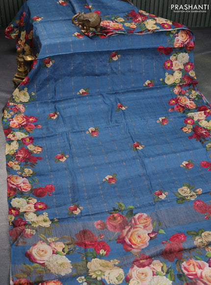 Pure tussar silk saree peacock blue with allover zari weaves & floral digital prints and floral digital printed border