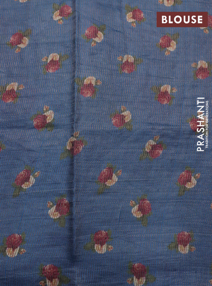 Pure tussar silk saree peacock blue with allover zari weaves & floral digital prints and floral digital printed border