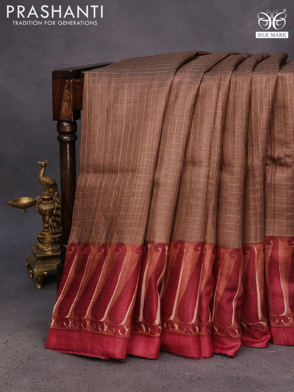 Pure tussar silk saree brown and maroon with allover zari checked pattern and digital printed border