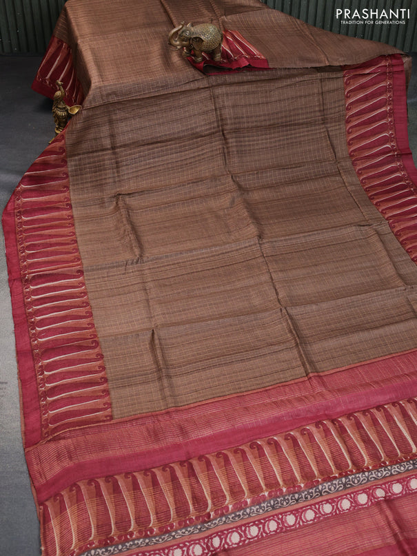 Pure tussar silk saree brown and maroon with allover zari checked pattern and digital printed border